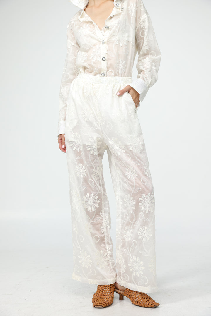 Cream Floral Embroidered Bottoms