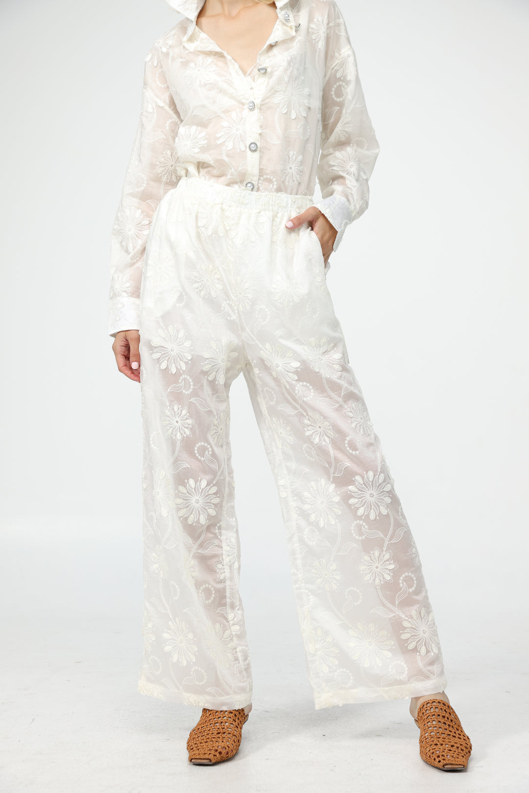 Cream Floral Embroidered Bottoms