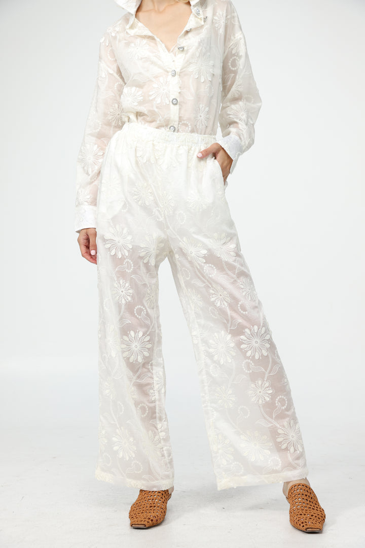 Cream Floral Embroidered Bottoms