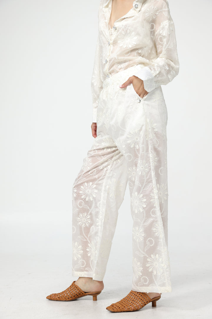 Cream Floral Embroidered Bottoms