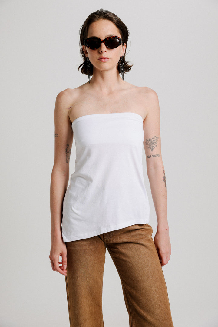 Asymmetrical White Strapless Top