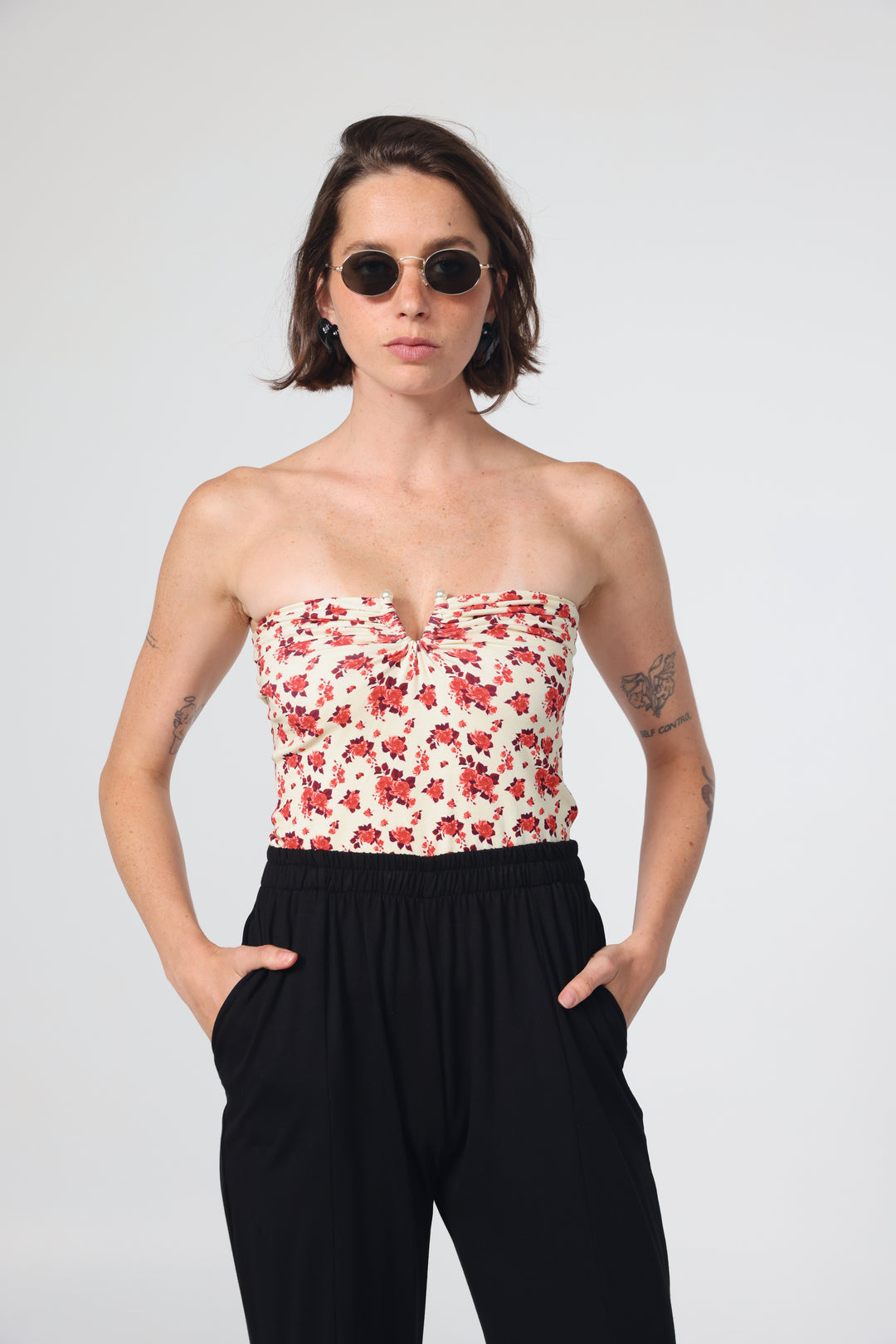 Pearls Rose Floral Strapless Top