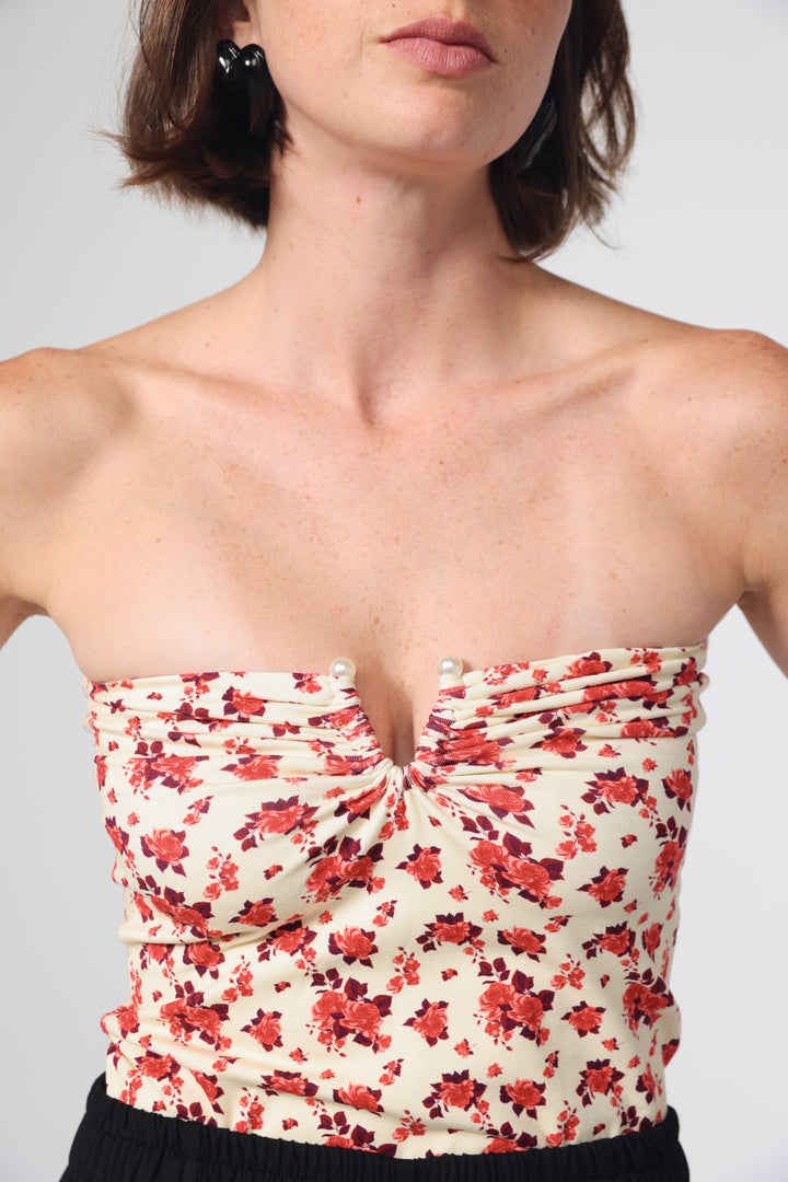 Pearls Rose Floral Strapless Top