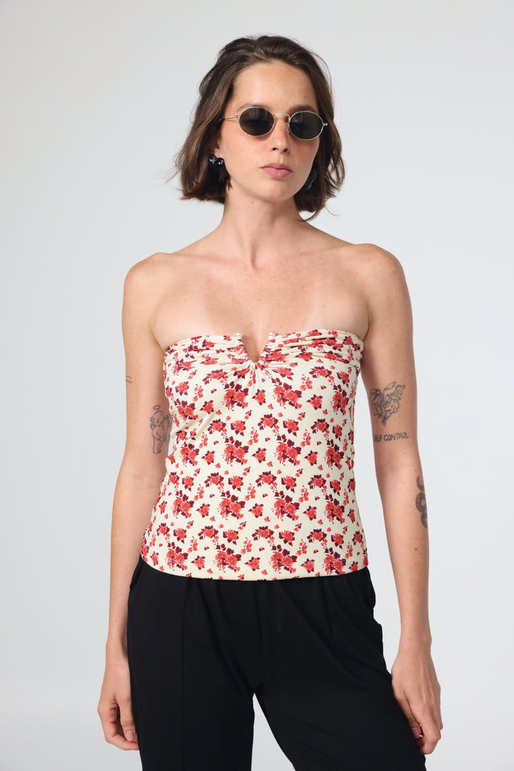 Pearls Rose Floral Strapless Top