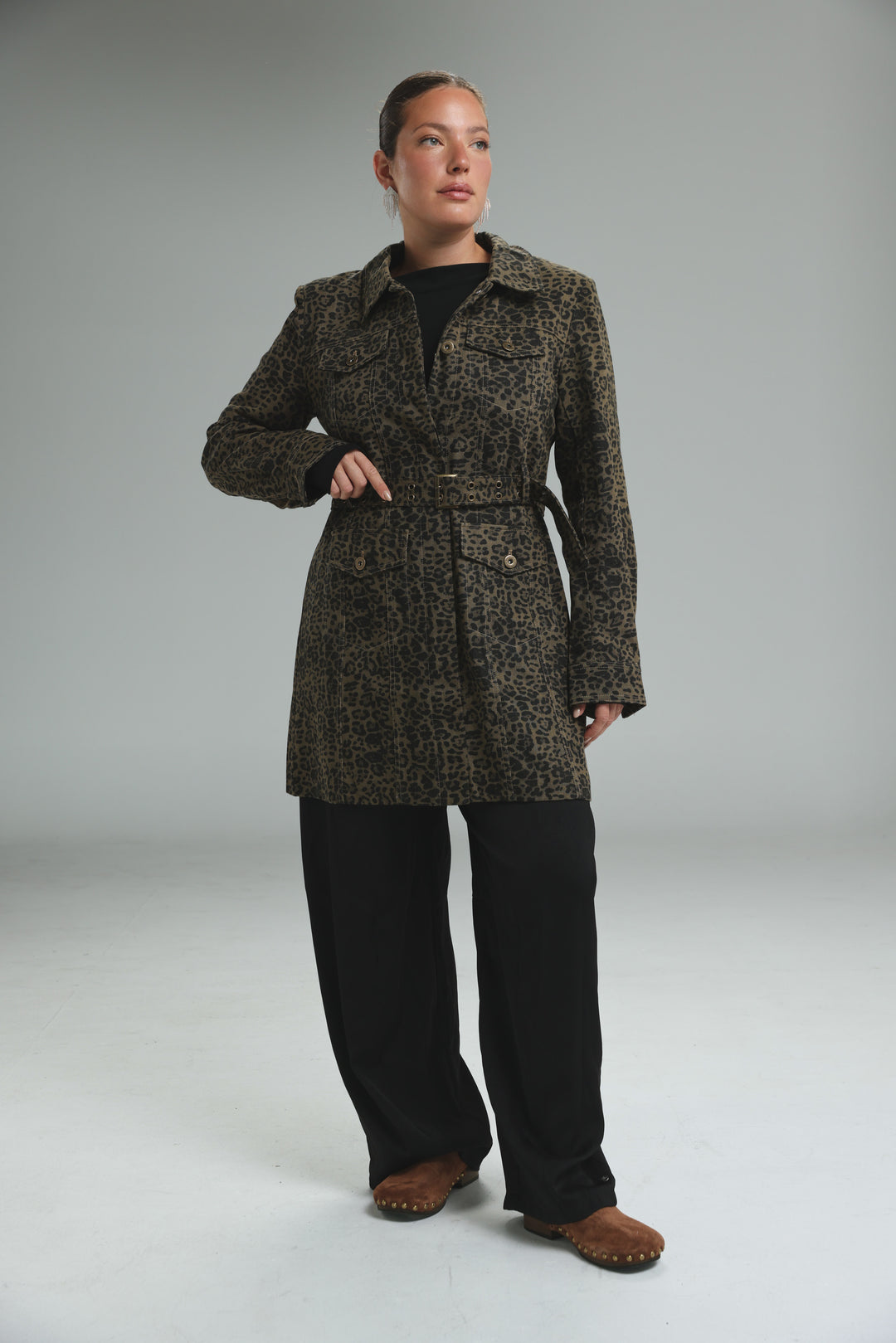 Opulence leopard jacket dark olive and brown belted coat with structured collar front pockets and long sleeves front view