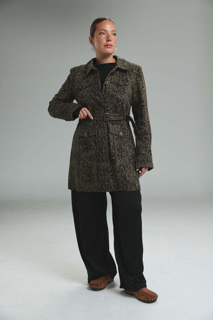 Opulence leopard jacket dark olive and brown belted coat with structured collar front pockets and long sleeves front view