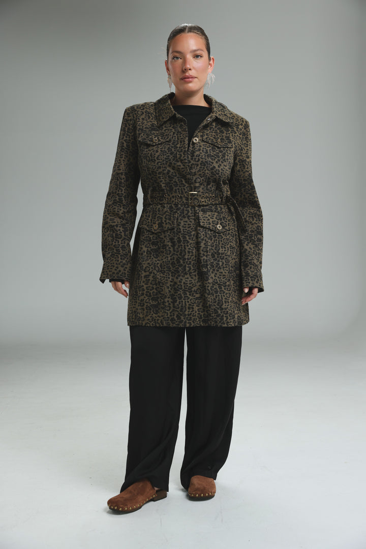 Opulence leopard jacket dark olive and brown leopard-print belted trench coat with collar front buttons and pockets front view
