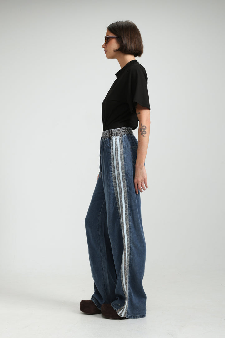 Mixed Dark Denim/Leopard Joggers
