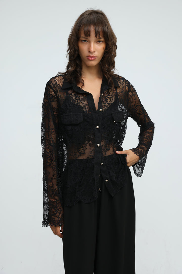 Lace Buttoned Black Shirt