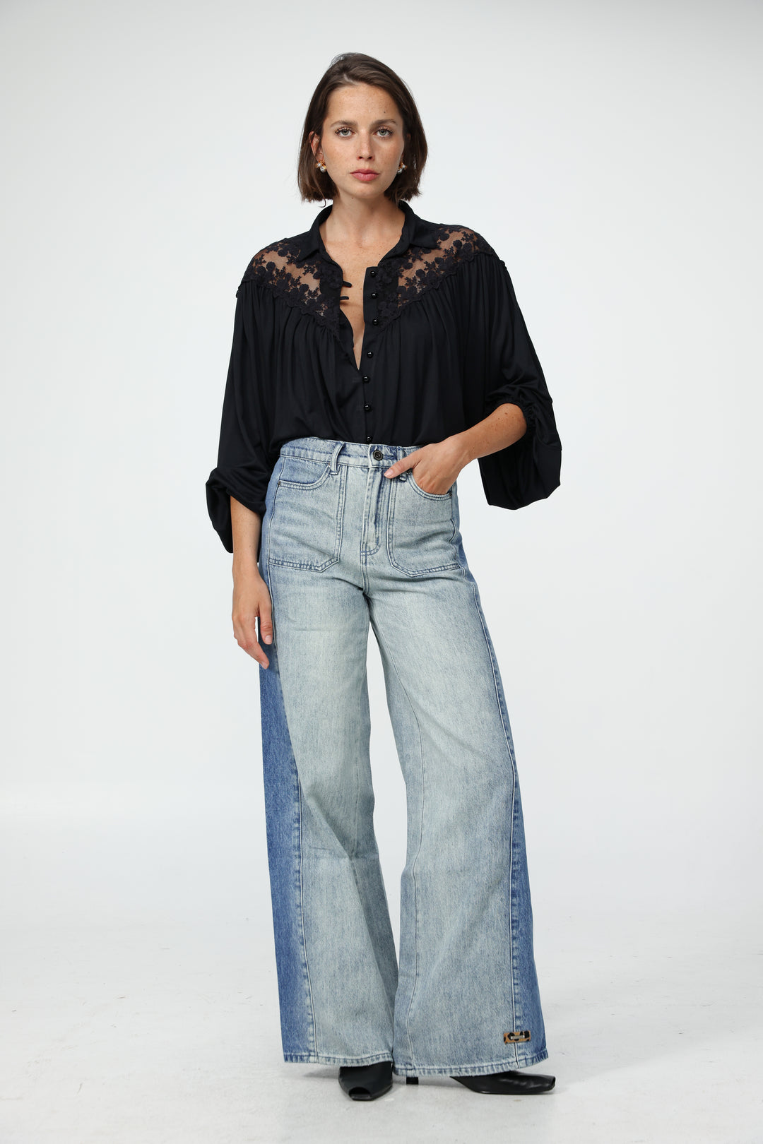 Black Lace Shoulders Buttoned Shirt