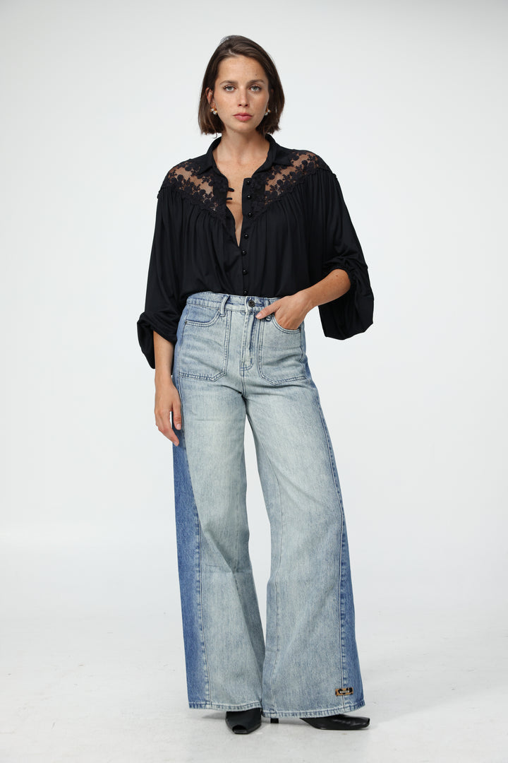 Black Lace Shoulders Buttoned Shirt