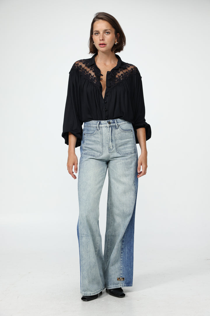 Black Lace Shoulders Buttoned Shirt
