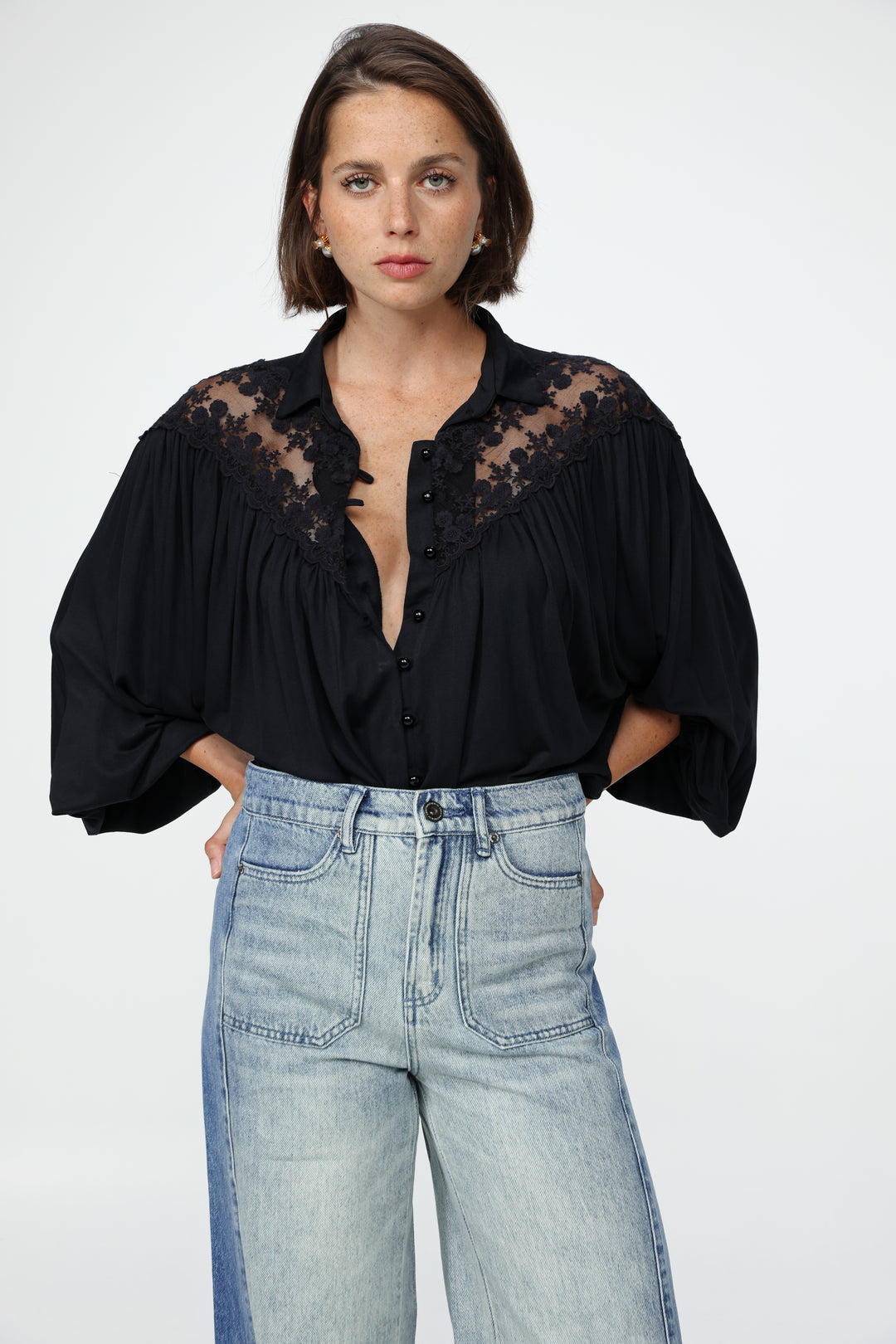 Black Lace Shoulders Buttoned Shirt