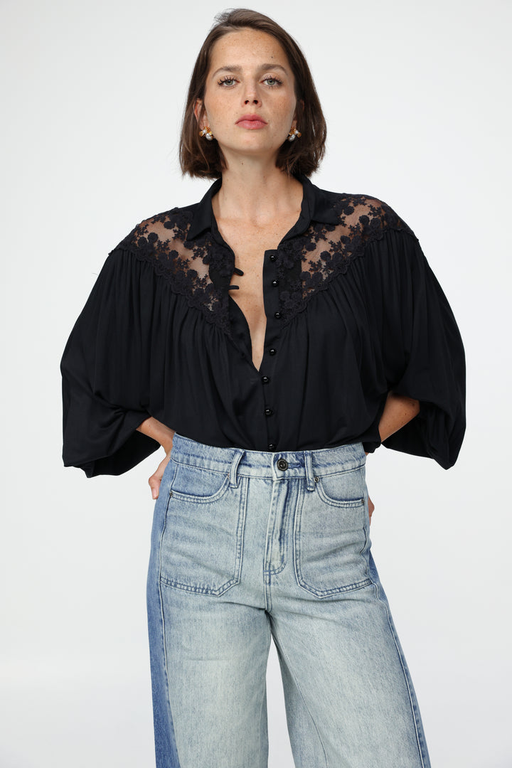 Black Lace Shoulders Buttoned Shirt
