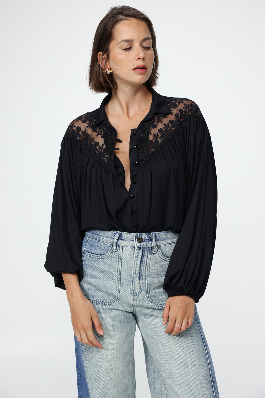 Black Lace Shoulders Buttoned Shirt