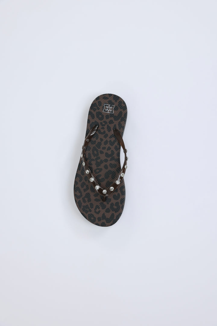 Leopard/Brown Studs Platform Flip Flops