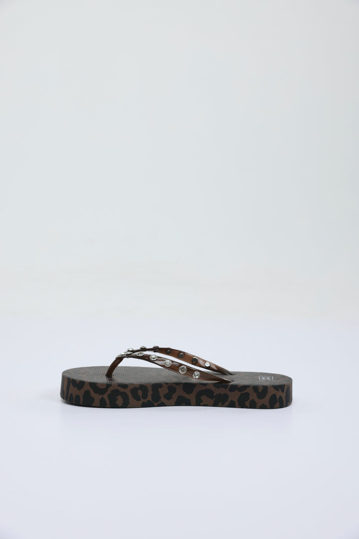 Leopard/Brown Studs Platform Flip Flops