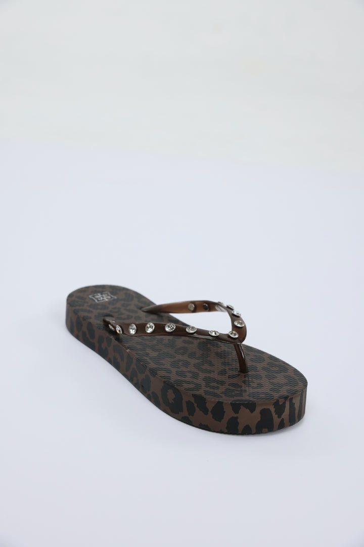 Leopard/Brown Studs Platform Flip Flops