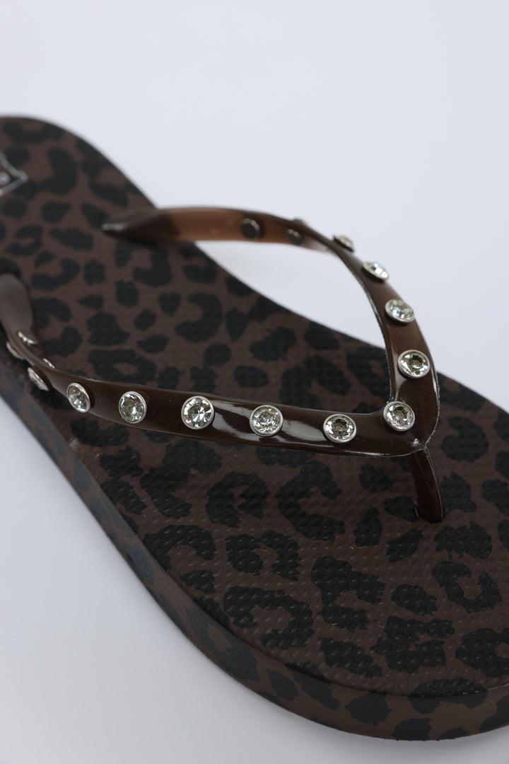 Leopard/Brown Studs Platform Flip Flops
