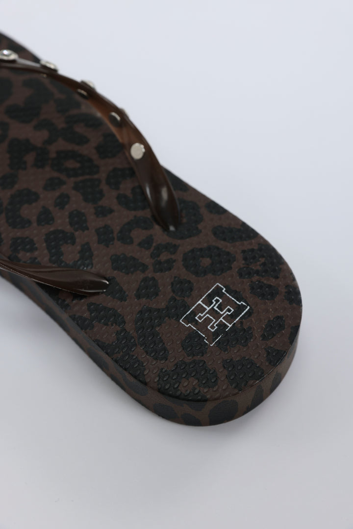 Leopard/Brown Studs Platform Flip Flops
