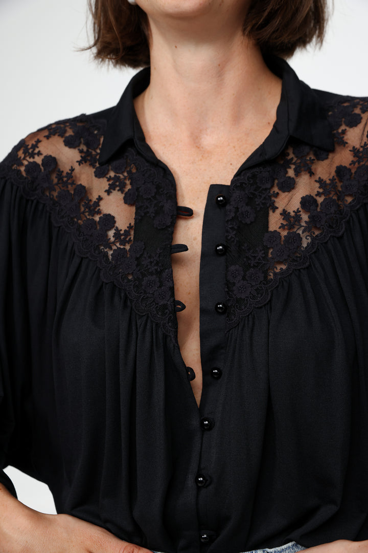 Black Lace Shoulders Buttoned Shirt
