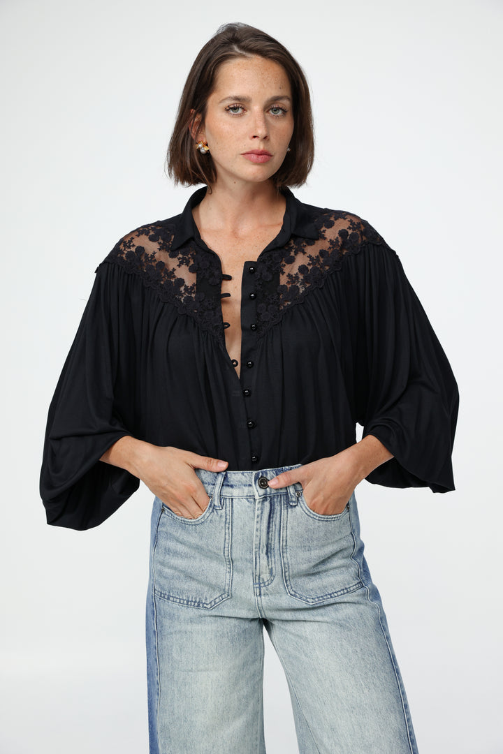 Black Lace Shoulders Buttoned Shirt