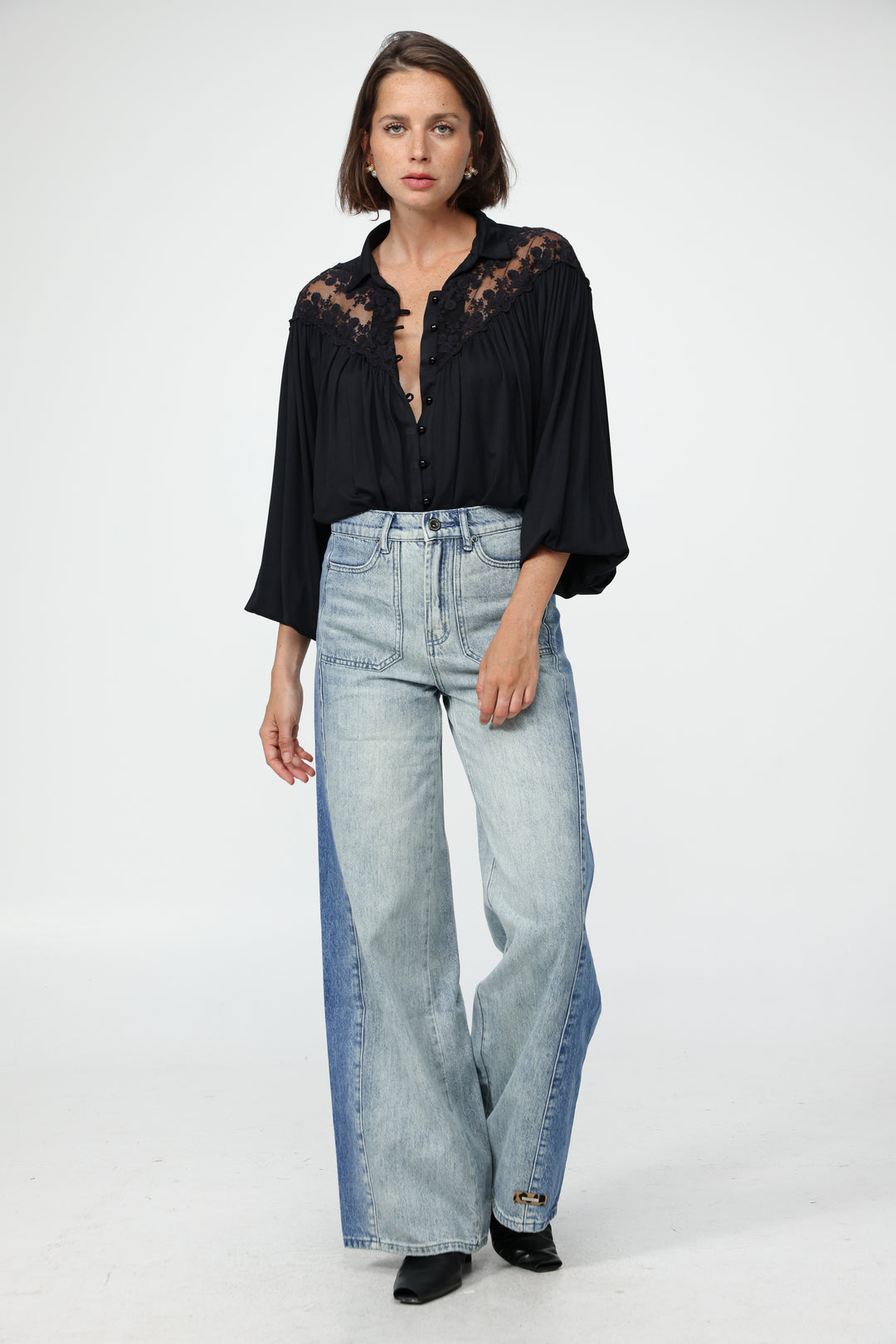 Black Lace Shoulders Buttoned Shirt