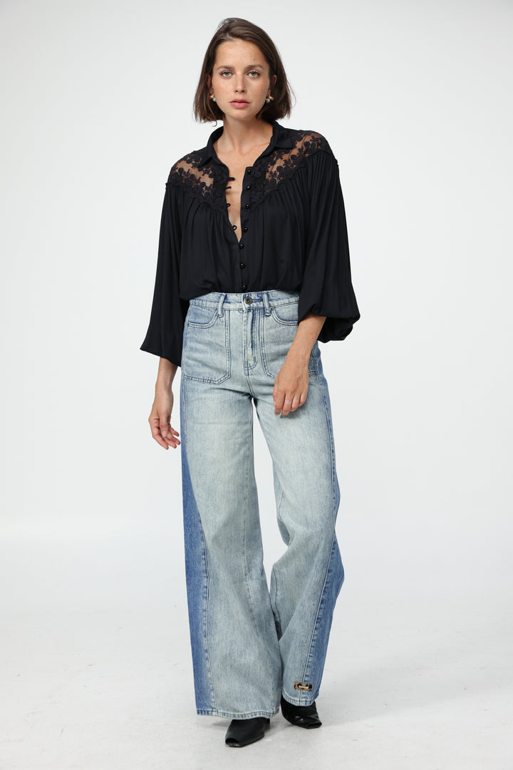 Black Lace Shoulders Buttoned Shirt