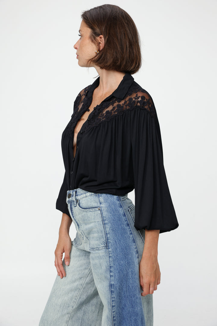 Black Lace Shoulders Buttoned Shirt