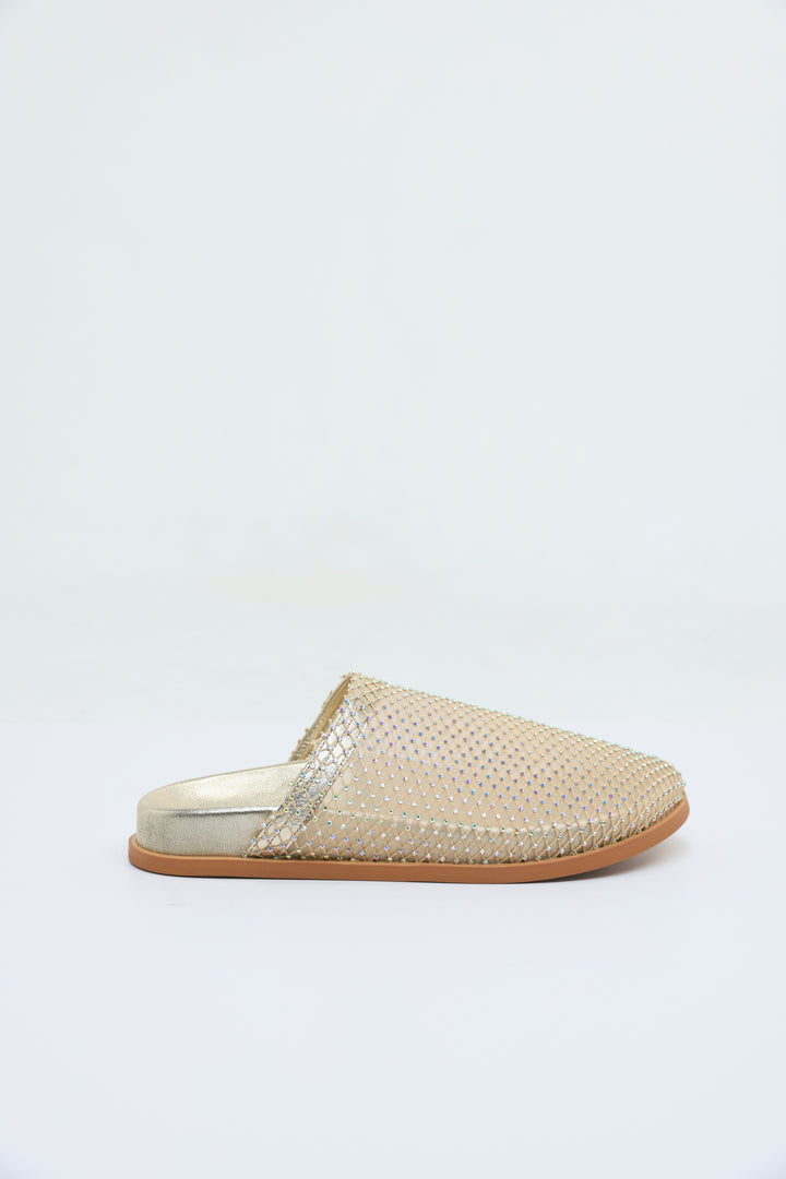 Rhinestone Mesh Gold Slides