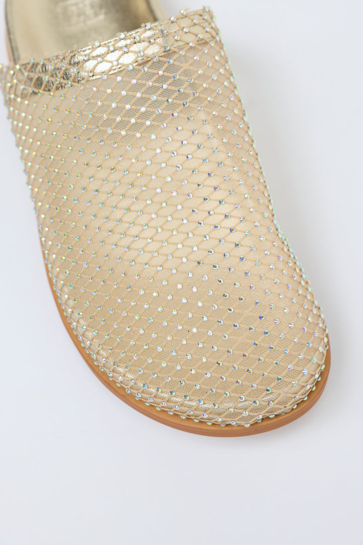 Rhinestone Mesh Gold Slides