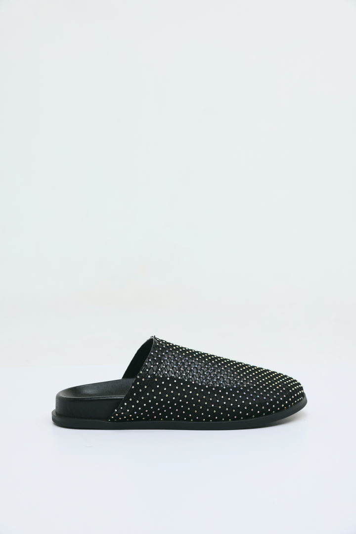 Rhinestone Mesh Black Slides