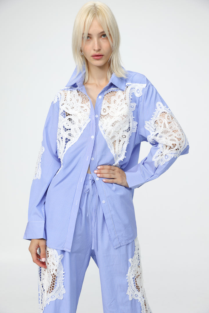 Lace Panel Light Blue Striped Shirt