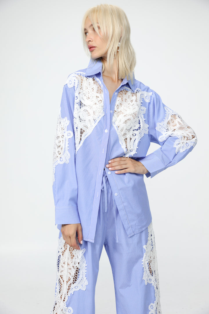 Lace Panel Light Blue Striped Shirt