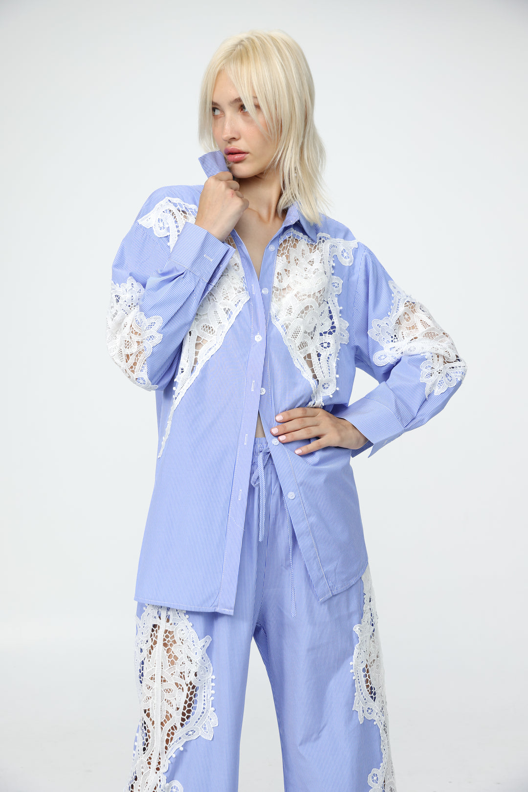Lace Panel Light Blue Striped Shirt