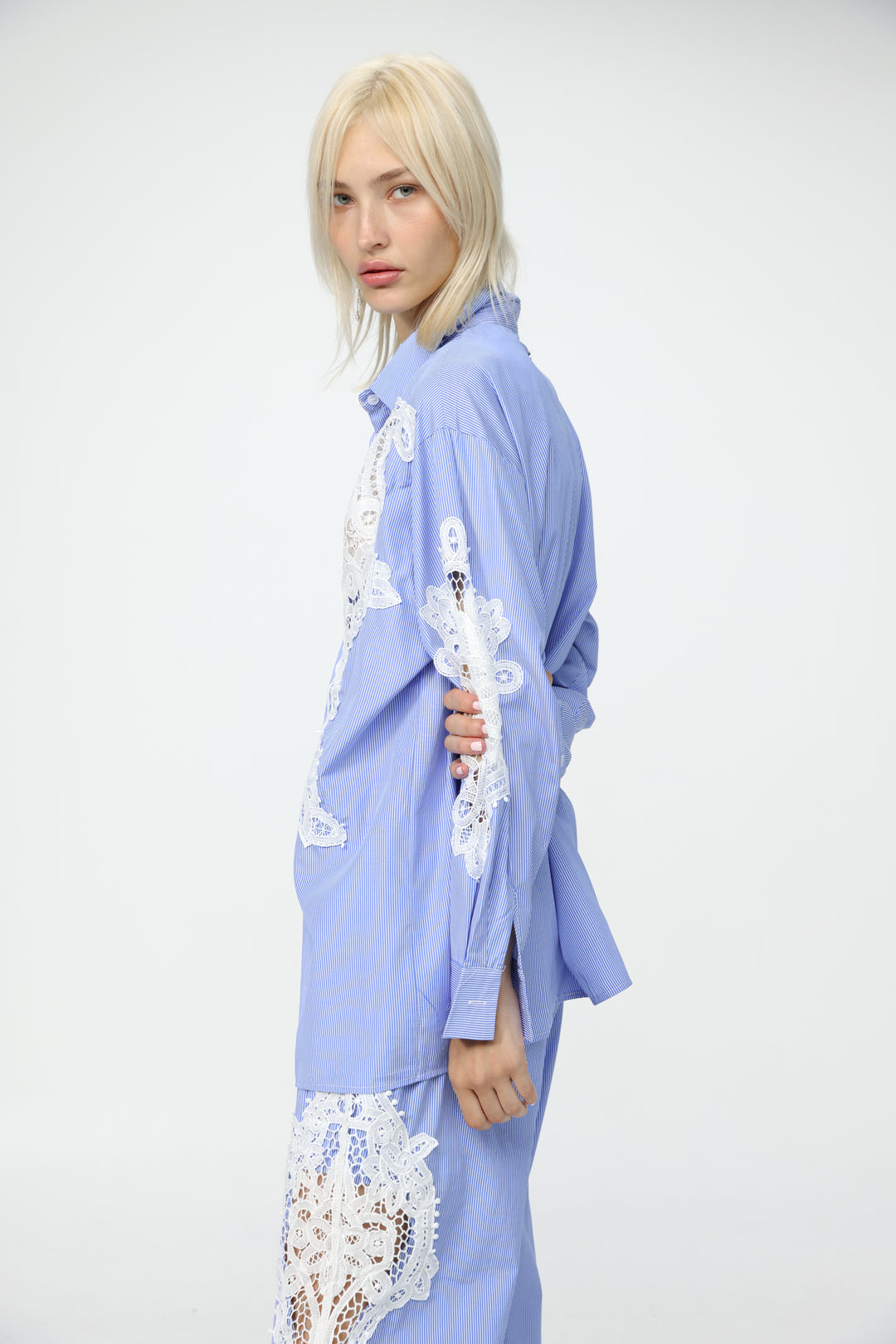 Lace Panel Light Blue Striped Shirt