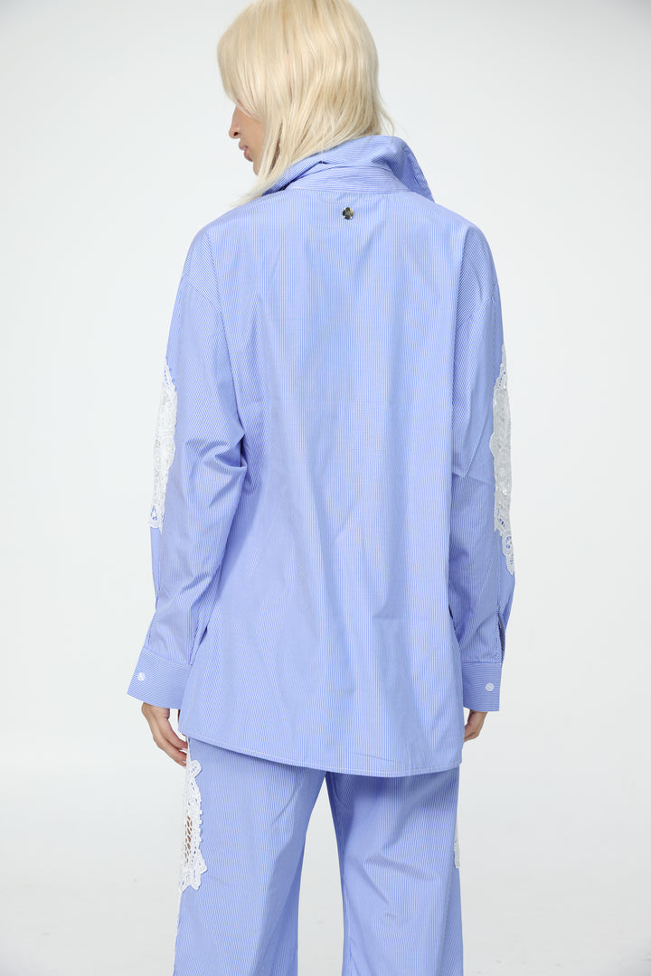Lace Panel Light Blue Striped Shirt