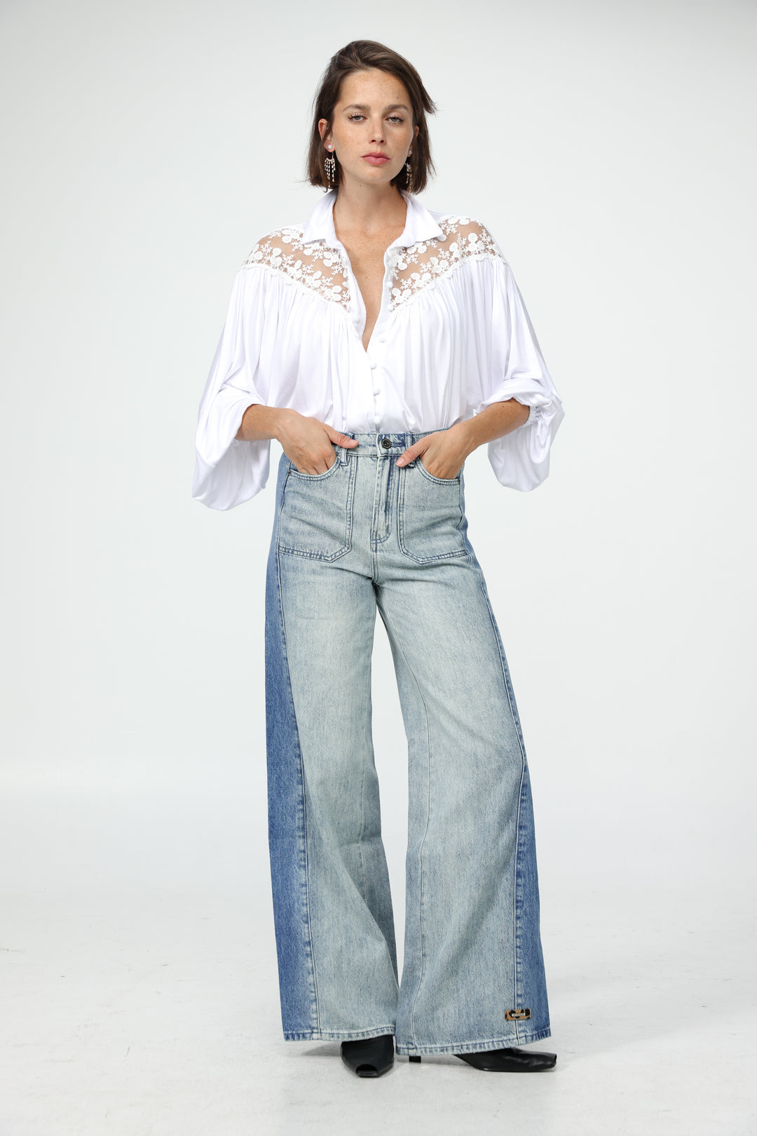 White Lace Shoulders Buttoned Shirt