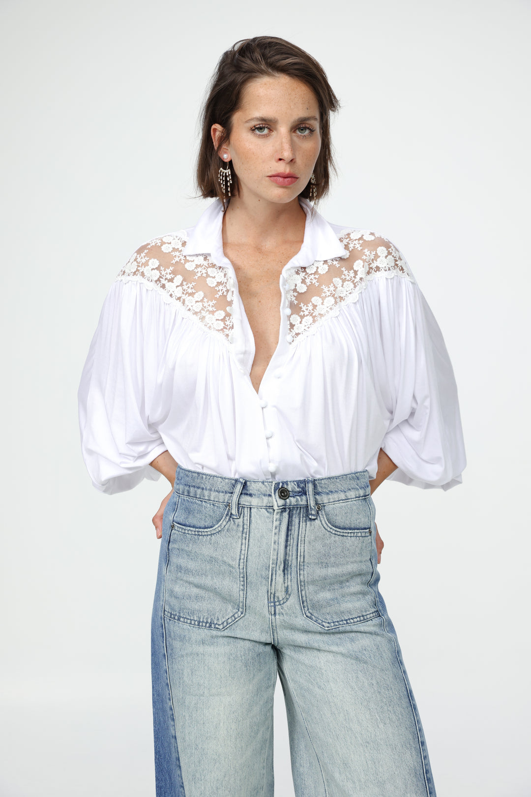 White Lace Shoulders Buttoned Shirt