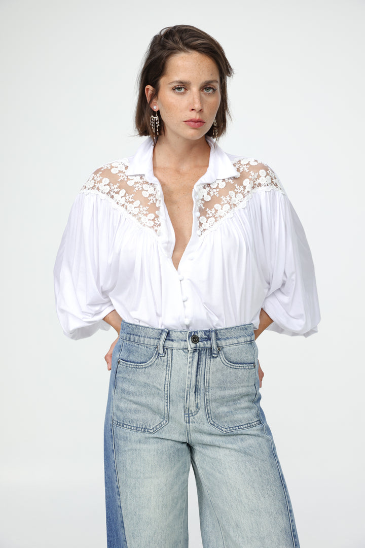 White Lace Shoulders Buttoned Shirt
