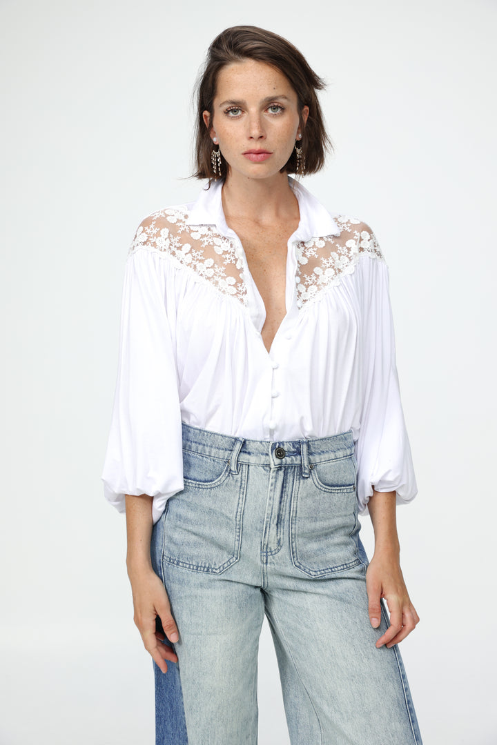 White Lace Shoulders Buttoned Shirt