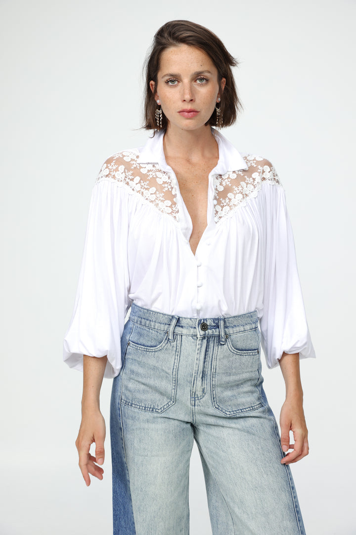 White Lace Shoulders Buttoned Shirt