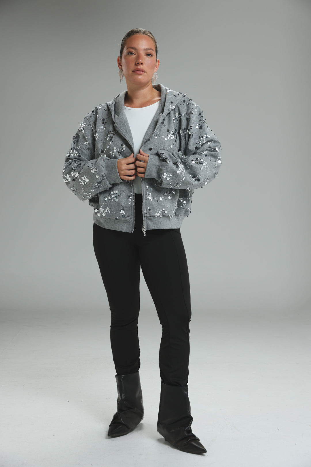Fortune grey jacket gray bomber jacket with gray sequins and floral pattern shown from the front