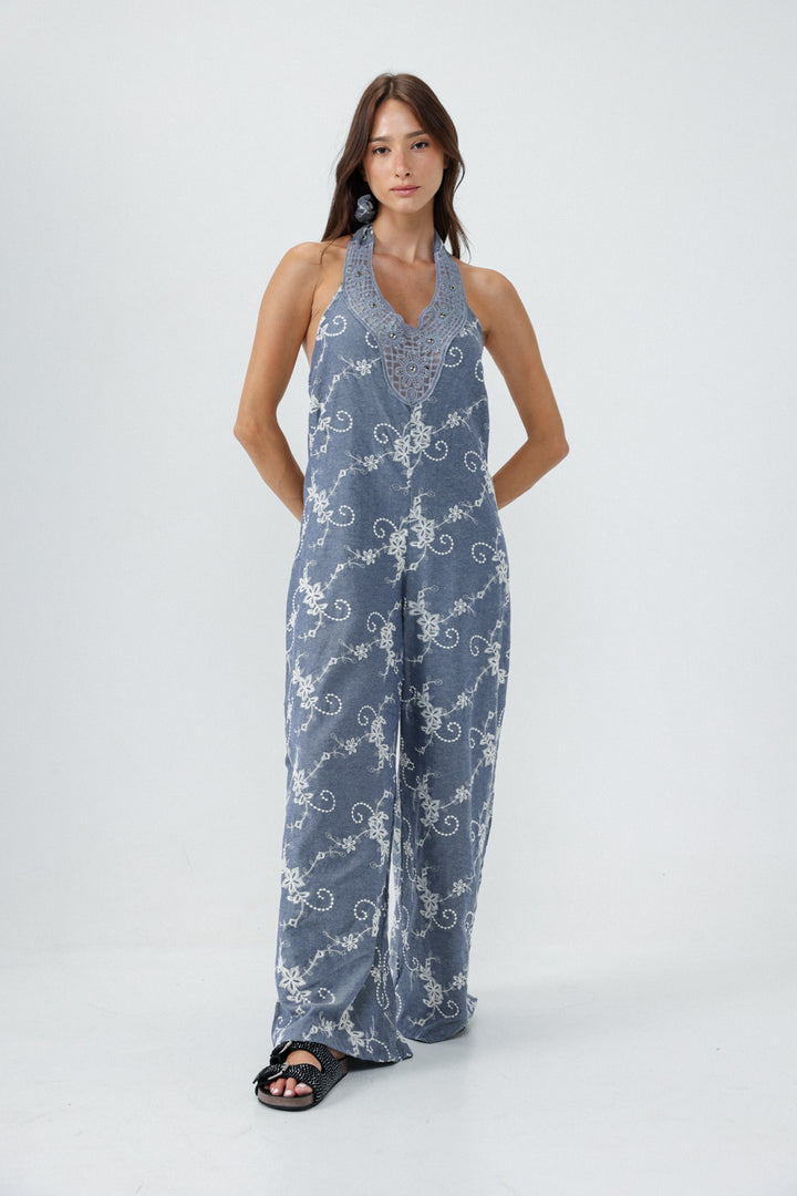 Lace Denim Blue Jumpsuit