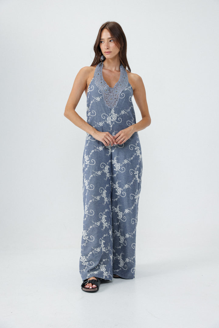 Lace Denim Blue Jumpsuit