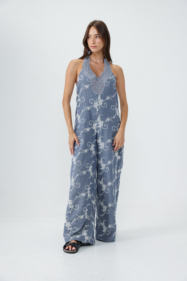 Lace Denim Blue Jumpsuit