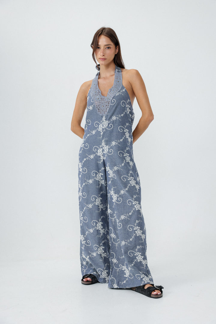 Lace Denim Blue Jumpsuit