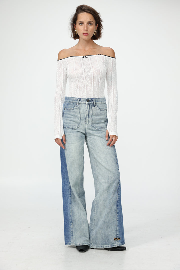 Pointed Cream Mix Off Shoulder Shirt