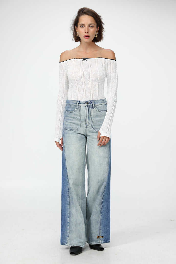 Pointed Cream Mix Off Shoulder Shirt