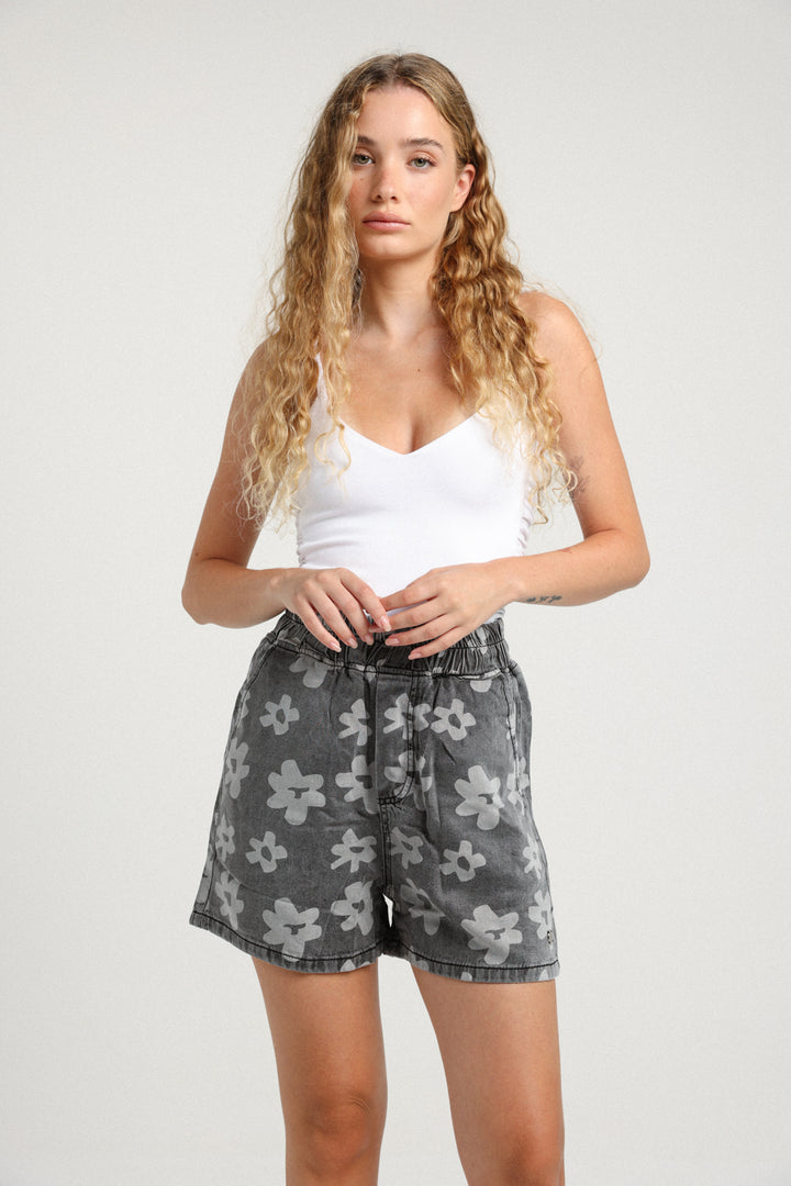 Flower Grey Denim Short Bottoms